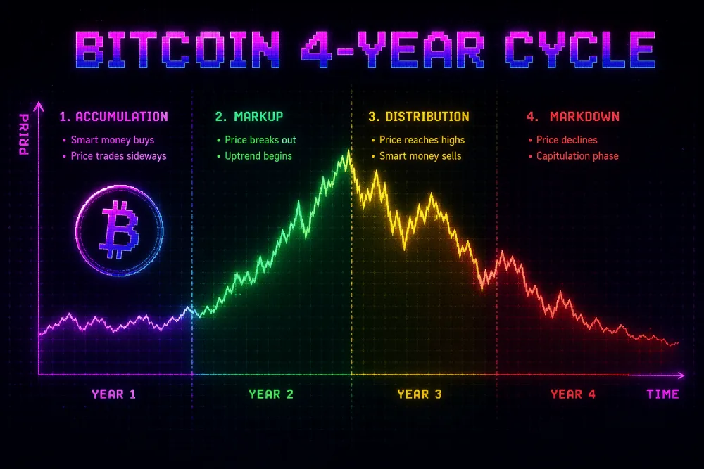 Bitcoin 4-year halving cycle chart showing accumulation, markup, distribution and markdown phases