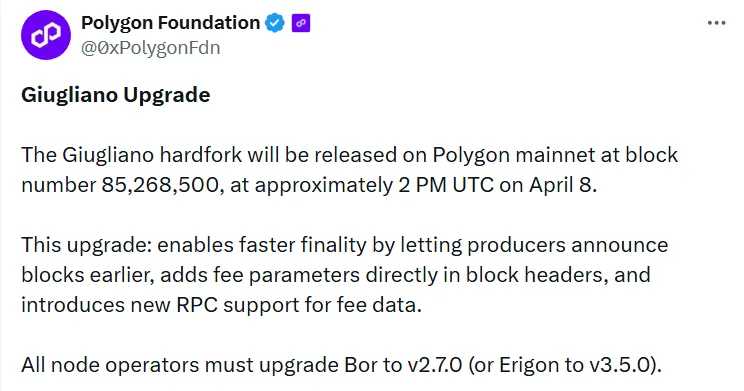 X: Polygon Foundation about the Giugliano Hard Fork