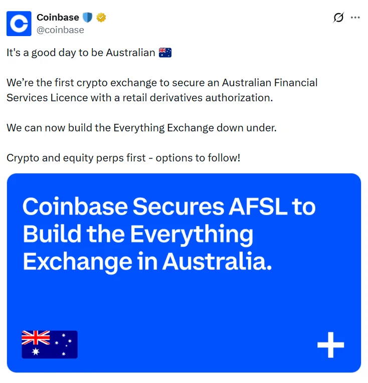 X: Coinbase Announces it Gets the Australian Financial License