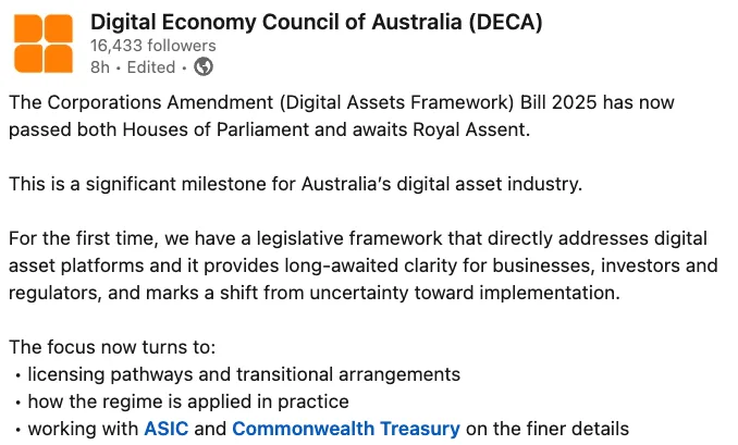 DECA Australia Crypto Regulation