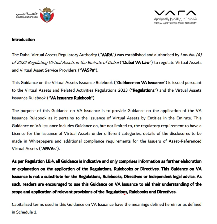 Dibai's VARA Guidance on VA Issuance. Source: VARA.