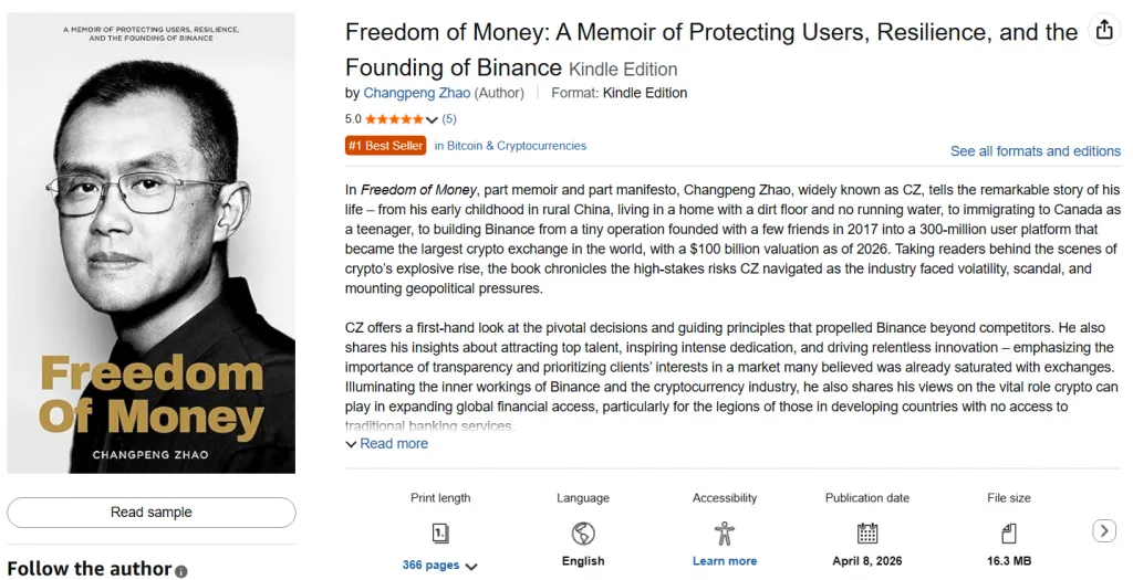 Changpeng Zhao’s Memoir, "Freedom of Money." Source: Amazon. 
