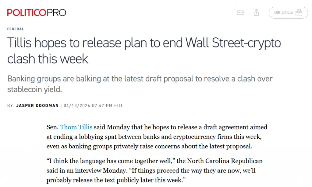 Politico: US Senator Thom Tillis on CLARITY Act