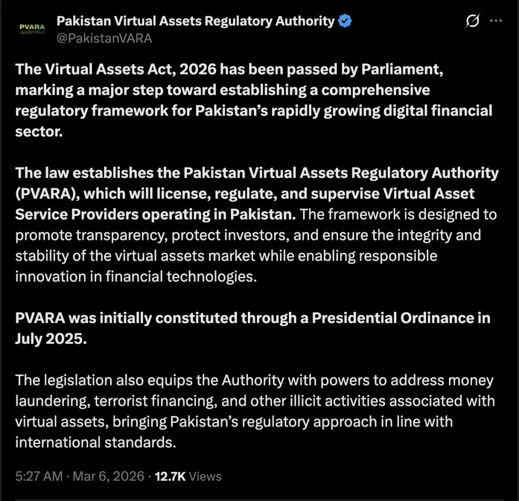 Virtual Assets Act, March 2026. Source: X/Pakistan VARA.