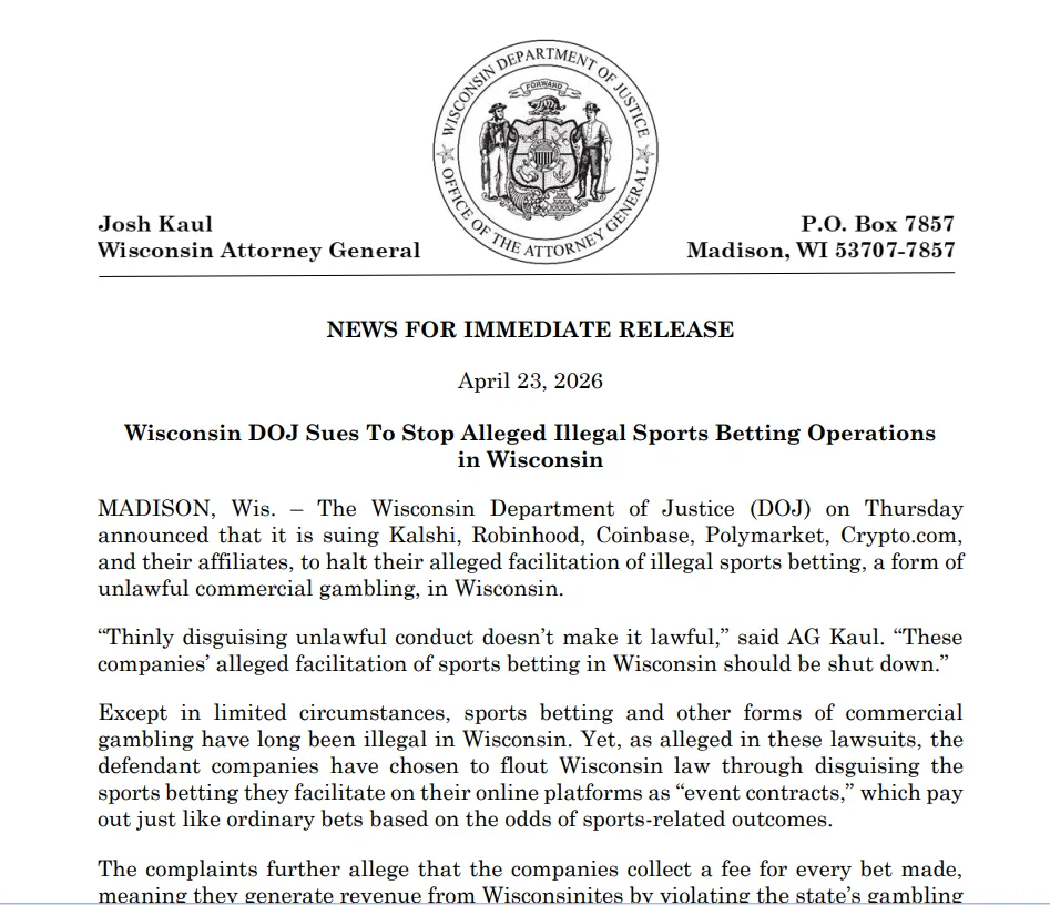 Wisconsin DOJ's Lawsuit Against Prediction Markets, Including Kalshi, Robinhood, Coinbase, Polymarket, and Crypto.com. Source: Wisconsin DOJ.