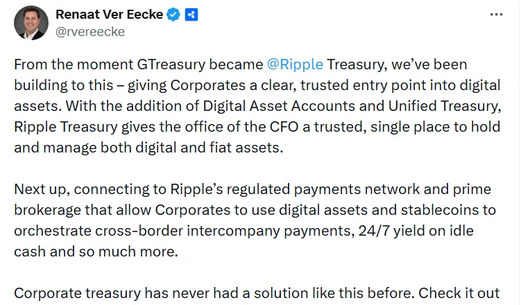 Renaat Ver Eecke Post in X About Ripple