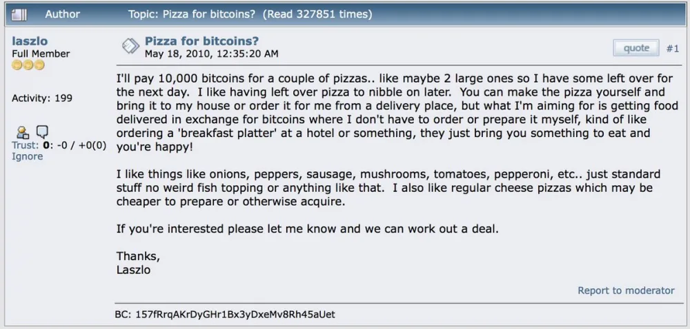 The first real-world Bitcoin transaction by spending 10,000 BTC on two Papa John’s pizzas