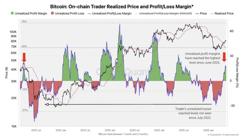 Chart showing Bitcoin's on-chain trader realized price and profit/loss margin