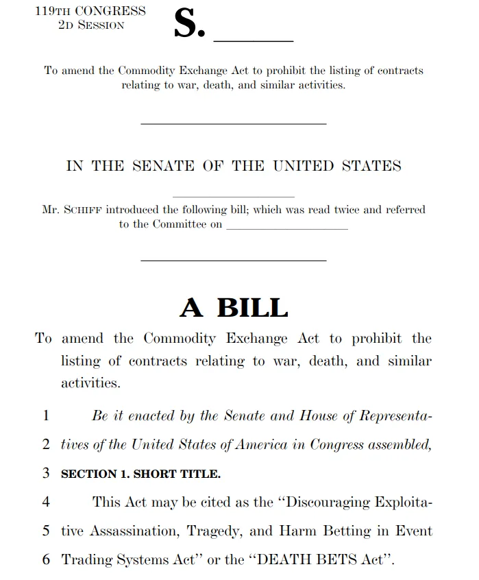 DEATH BETS Act—a Bill Banning Prediction Market Bets on Events Related to War, Terrorism, and Assassinations. Source: Senate.