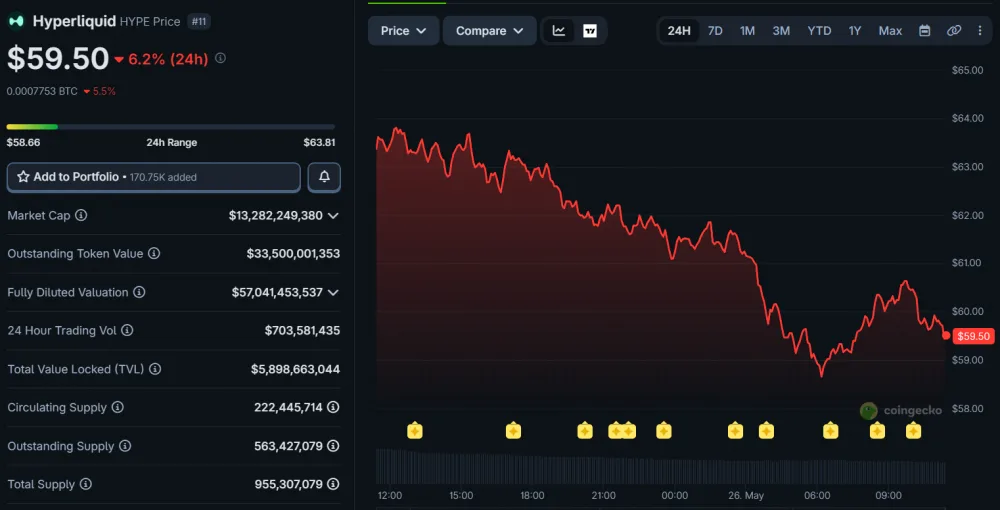 HYPE Price Movement Over the Last 24 Hours. Source: CoinGecko.