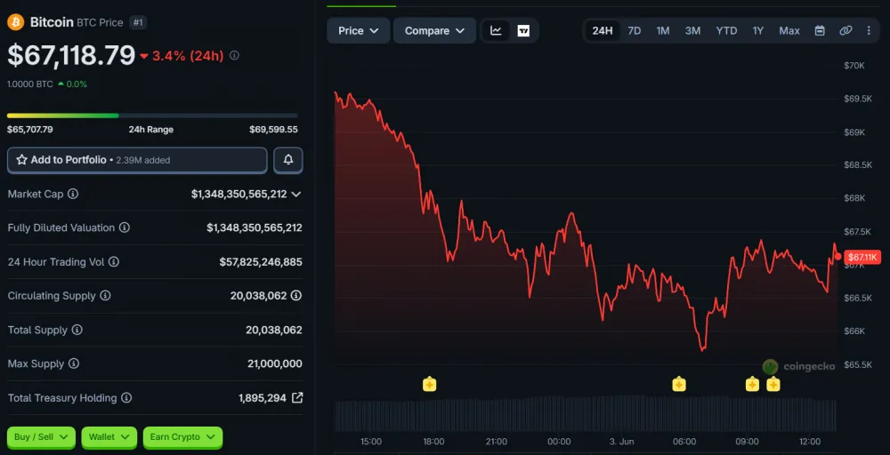 BTC Price Movement Over 24 Hours, as of June 3, 2026. Source: CoinGecko.
