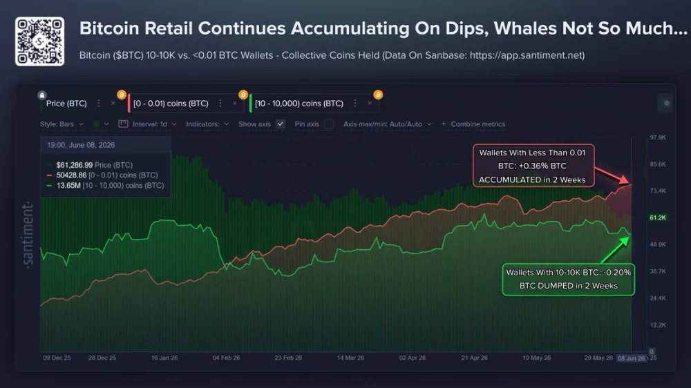 Chart showing BTC retail vs whale accumulations. Source: Santiment