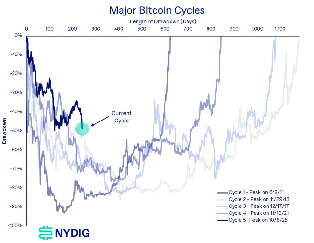 Chart showing Bitcoin cycles. Source: NYDIG