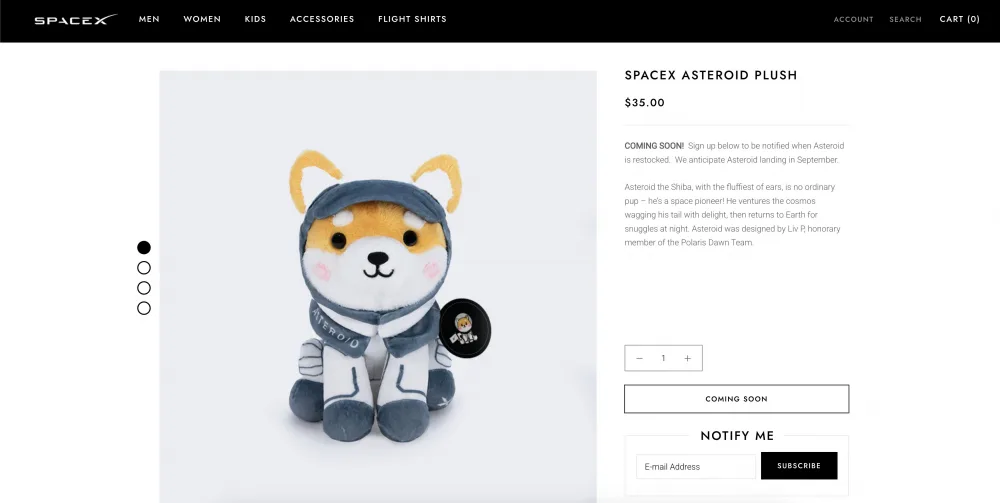 SpaceX's store featuring the Asteroid plush toy. Source: SpaceX