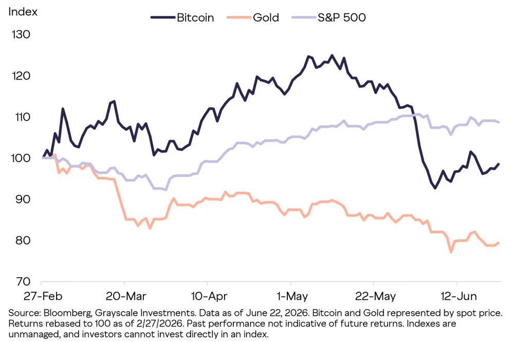 Chart comparing equities, gold, and Bitcoin performance since start of Iran war. Source: Grayscale
