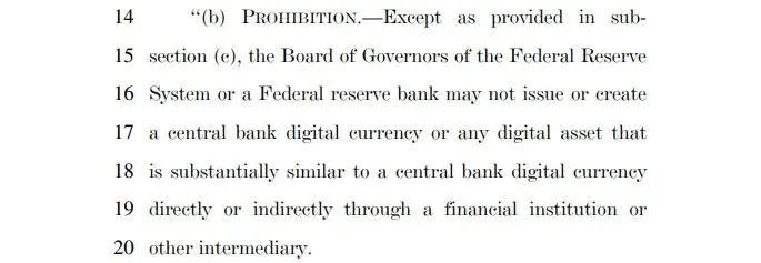 The Section of the Housing Bill That Prevents the Fed from Issuing a CBDC. Source: Senate Banking Committee.