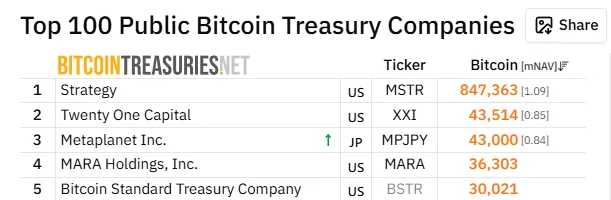 Chart showing top 5 public companies by Bitcoin on balance sheet. Source: Bitcoin Treasuries