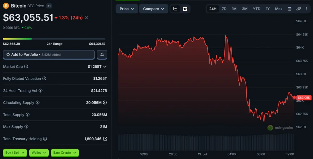 BTC Price Movement Over 24 Hours, as of July 13, 2026. Source: CoinGecko.