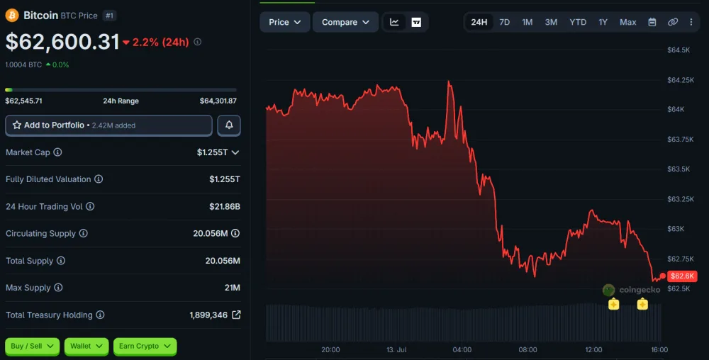 BTC Price Movement Over 24 Hours, as of July 13, 2026. Source: CoinGecko.