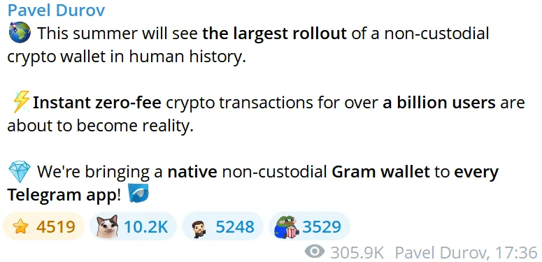 Pavel Durov Announced the Launch of the Non-Custodial Gram Wallet This Summer in His Official Channel. Source: Telegram.